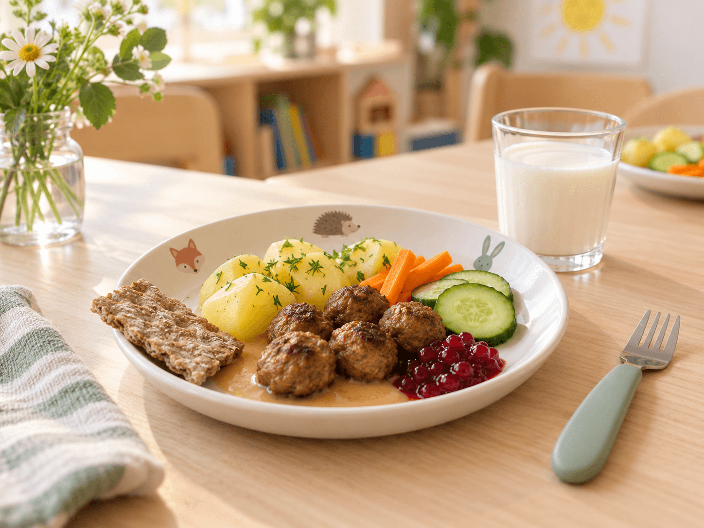 En tallrik med köttbullar, potatis, morötter, gurka och lingonsylt på ett ljust bord, med ett glas mjölk bredvid